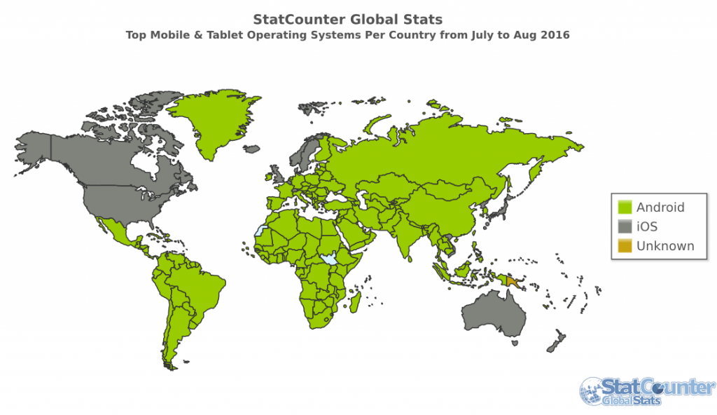 Top systemów mobilnych na świecie Lipiec-Sierpień 2016