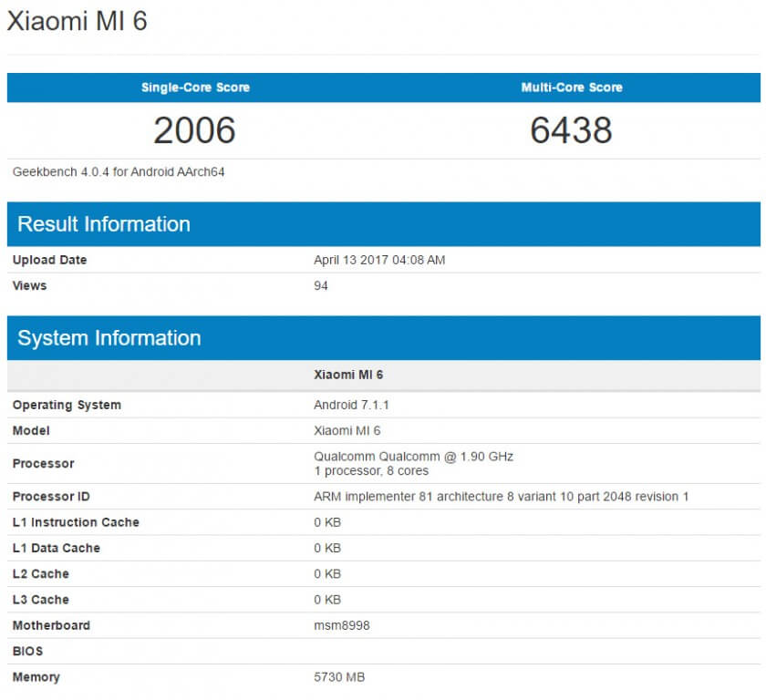 Xiaomi Mi 6 Geekbench