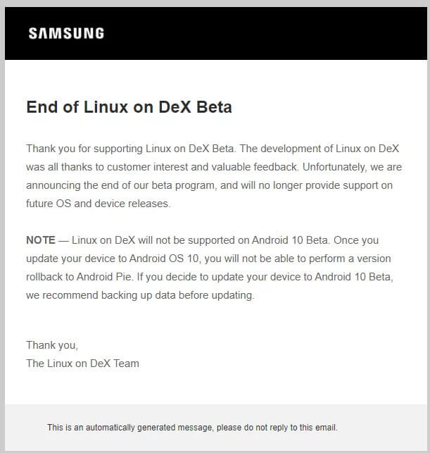 Linux on DeX end of beta