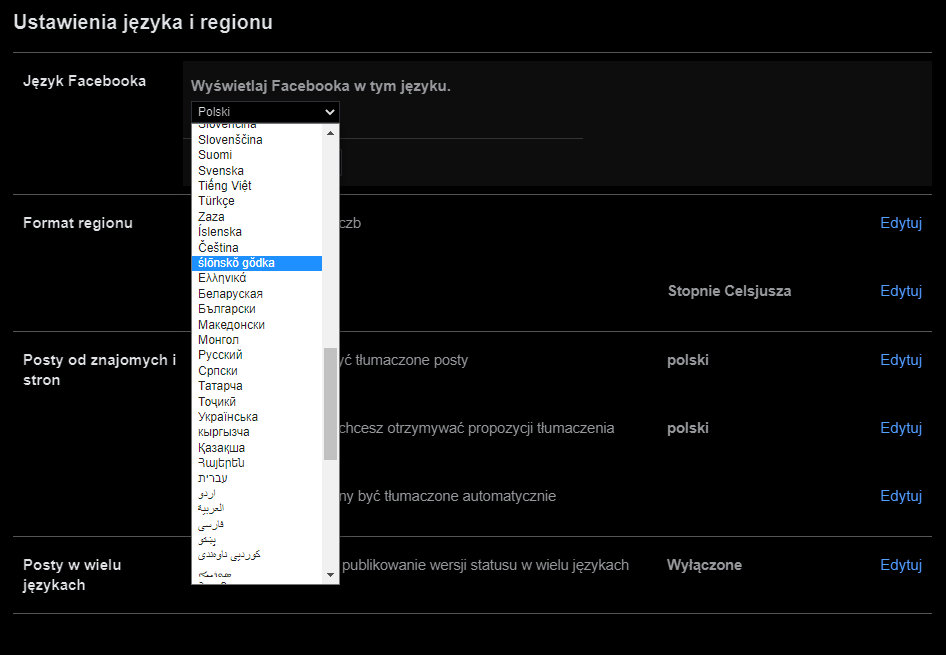 Funkcje Facebooka: język śląski