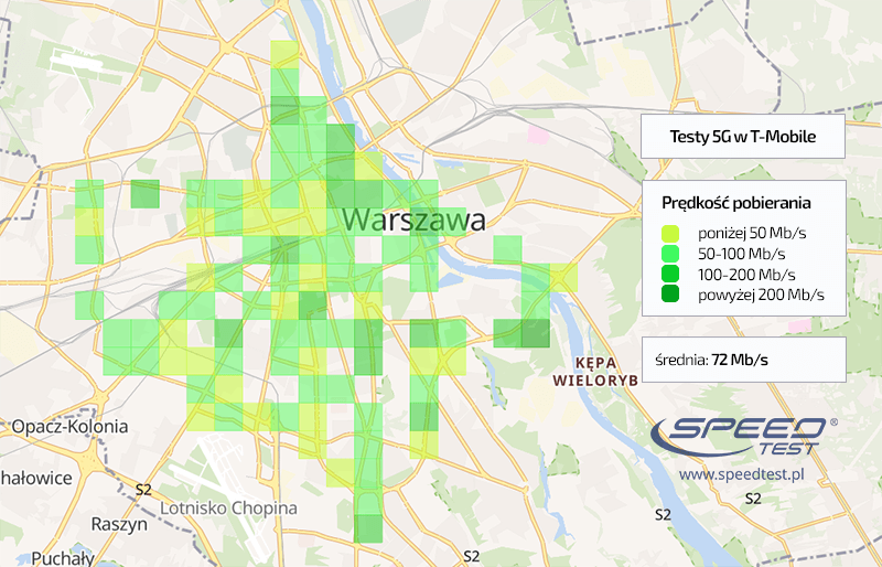 SpeedTest T-Mobile 5G mapa Warszawa