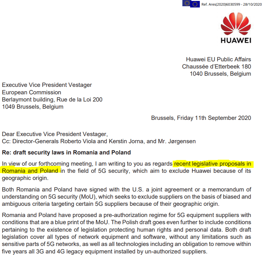 Huawei list Polska Rumunia